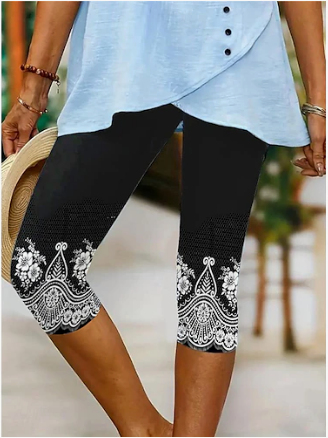 Damen Geblümt Caprihosen Elastische Taille Hose Lässig Sommer Hose
