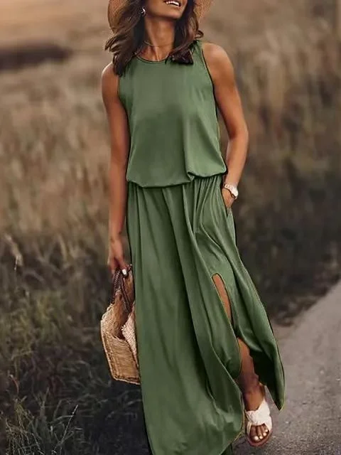 Damen Unifarben Sommer Nahtverarbeitung Kleid Rundhals Ärmellos Tanktop A-Linien-Kleid