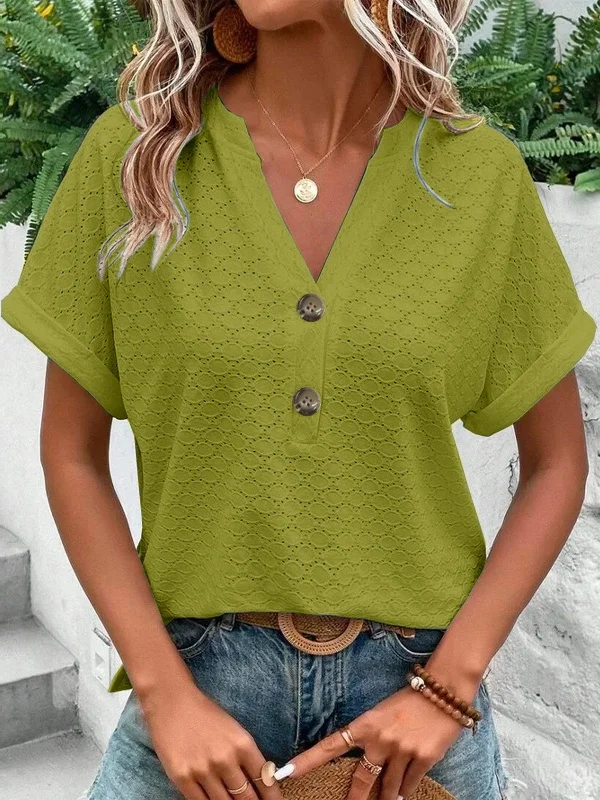 Lässig Unifarben V-Ausschnitt Kurzarm T-Shirt