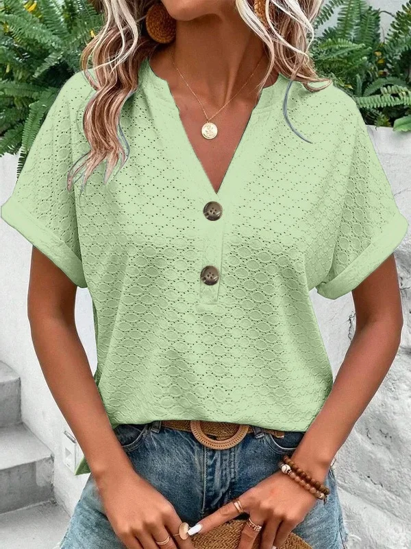 Lässig Unifarben V-Ausschnitt Kurzarm T-Shirt