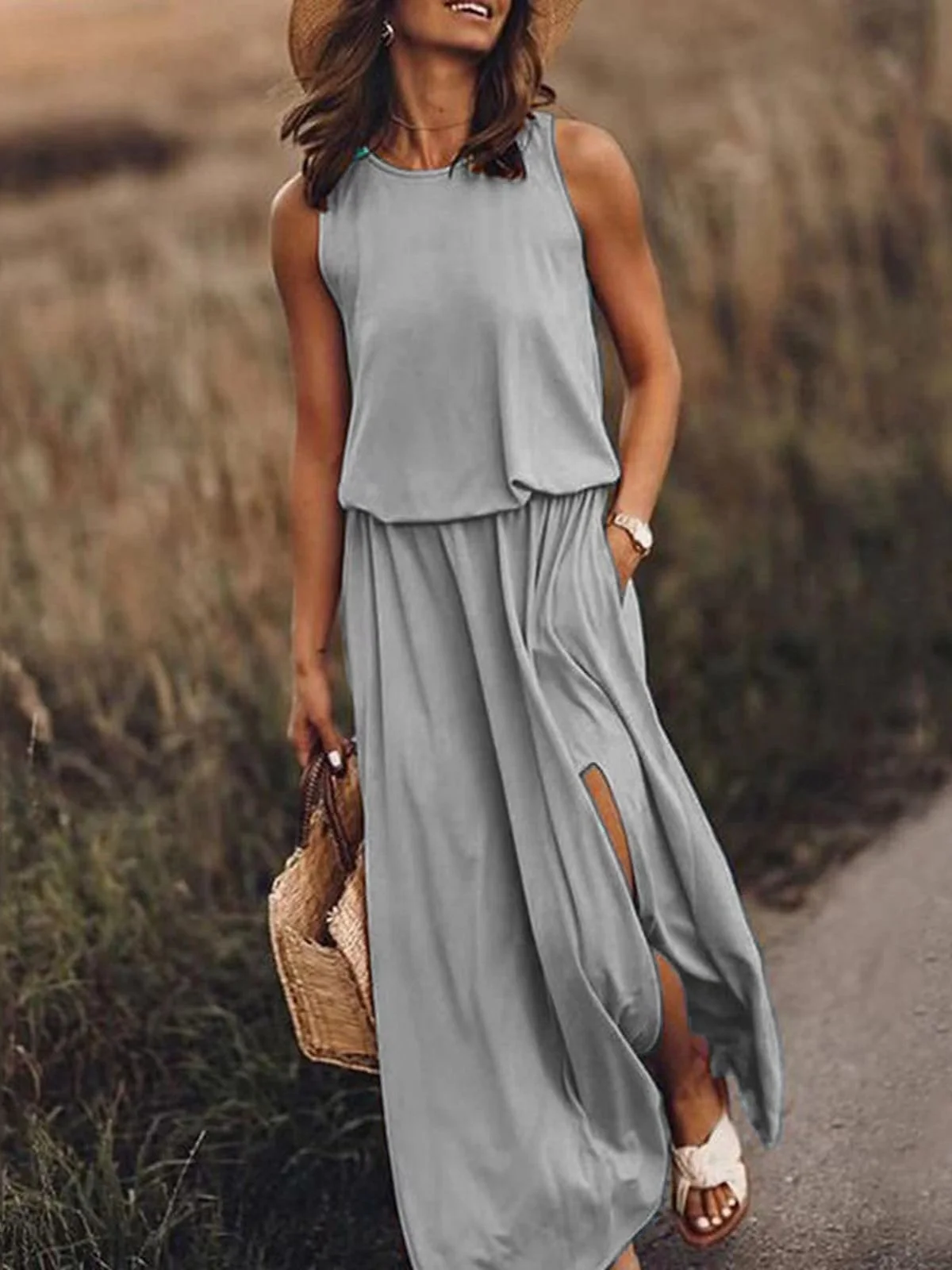 Damen Unifarben Sommer Nahtverarbeitung Kleid Rundhals Ärmellos Tanktop A-Linien-Kleid