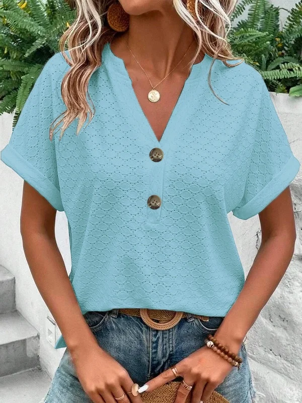 Lässig Unifarben V-Ausschnitt Kurzarm T-Shirt