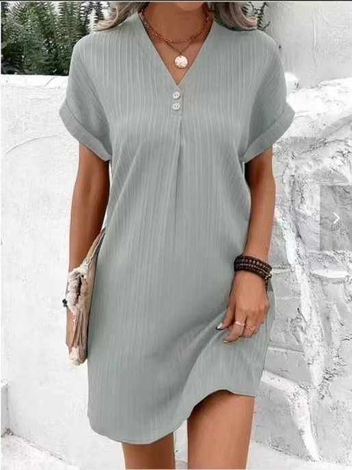 Damen Unifarben Sommer Nahtverarbeitung Kleid V-Ausschnitt Kurzarm Tanktop A-Linien-Kleid