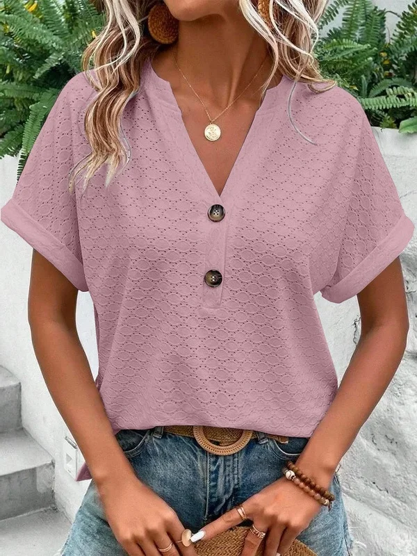 Lässig Unifarben V-Ausschnitt Kurzarm T-Shirt