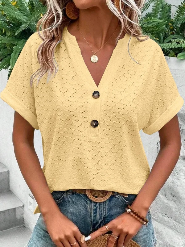 Lässig Unifarben V-Ausschnitt Kurzarm T-Shirt