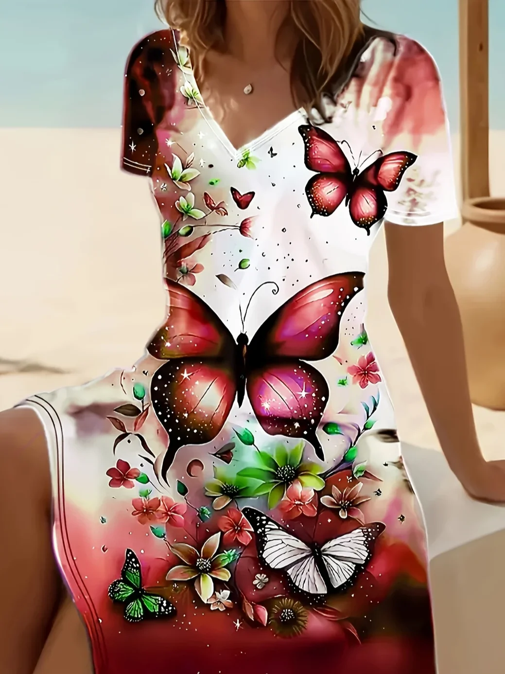 Damen Geblümt Sommer Print Kleid V-Ausschnitt Kurzarm Passen & Flare Kleid A-Linien-Kleid