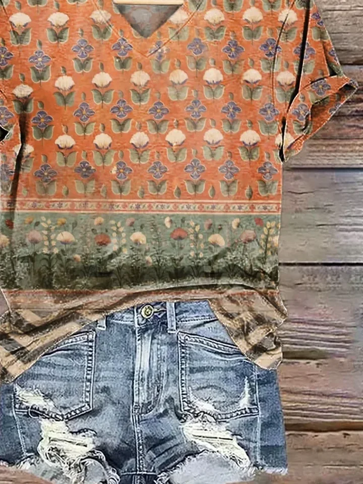 Lässig Geblümt V-Ausschnitt Kurzarm T-Shirt