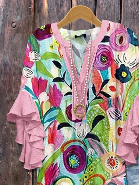 V-Ausschnitt Halbarm Geblümt Print Regelmäßig Weit Bluse für Damen