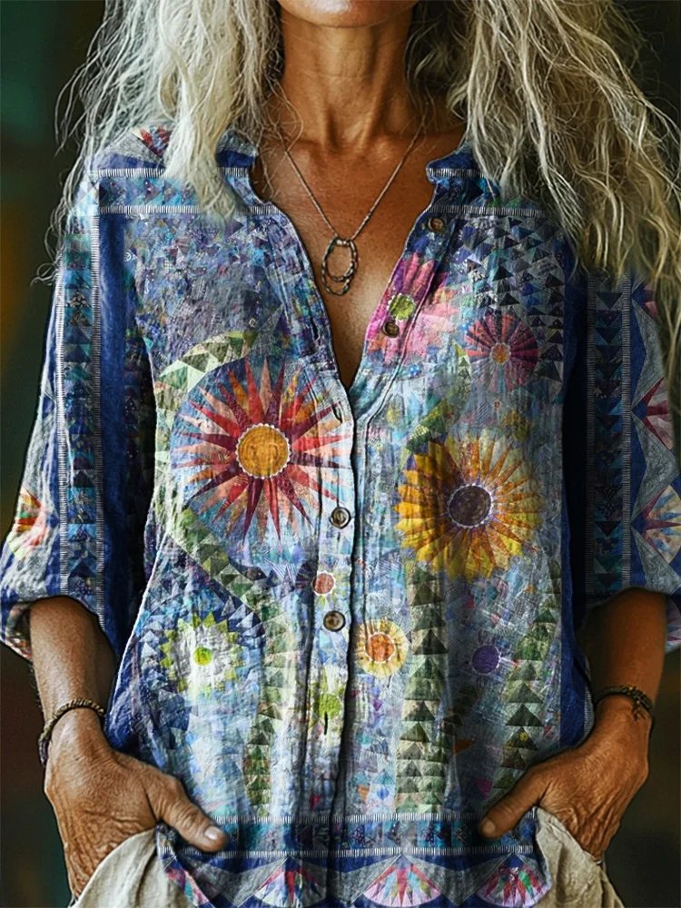 Stehkragen Halbarm Geometrisch Regelmäßig Weit Bluse für Damen