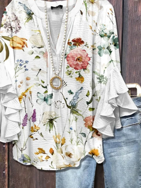 V-Ausschnitt Halbarm Geblümt Print Regelmäßig Weit Bluse für Damen