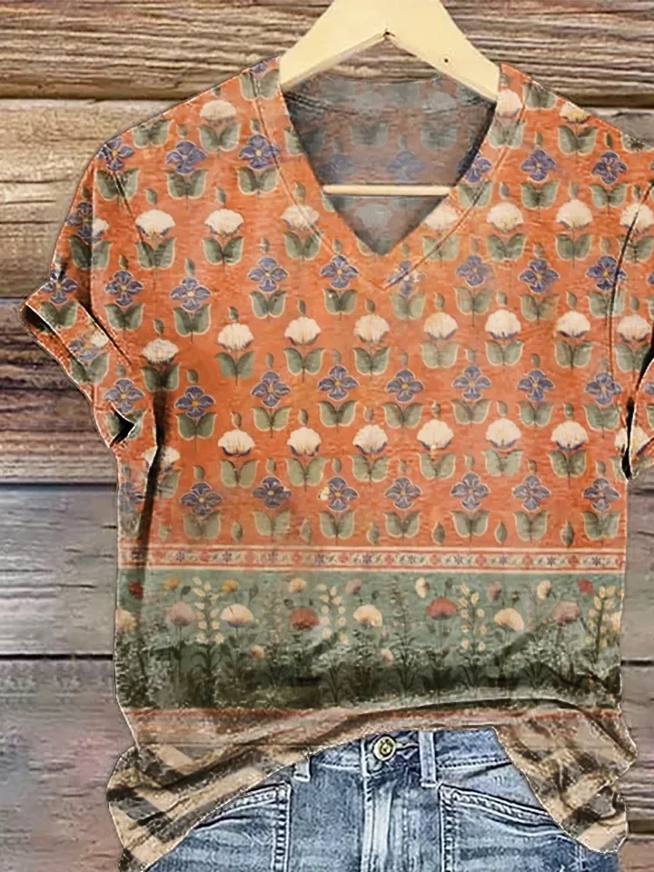Lässig Geblümt V-Ausschnitt Kurzarm T-Shirt