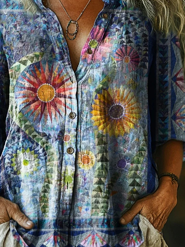 Stehkragen Halbarm Geometrisch Regelmäßig Weit Bluse für Damen