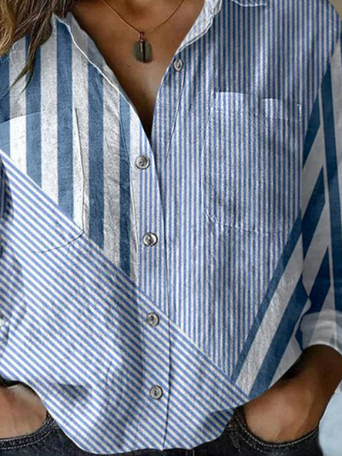 Schalkragen Langarm Gestreift Regelmäßig Weit Bluse für Damen