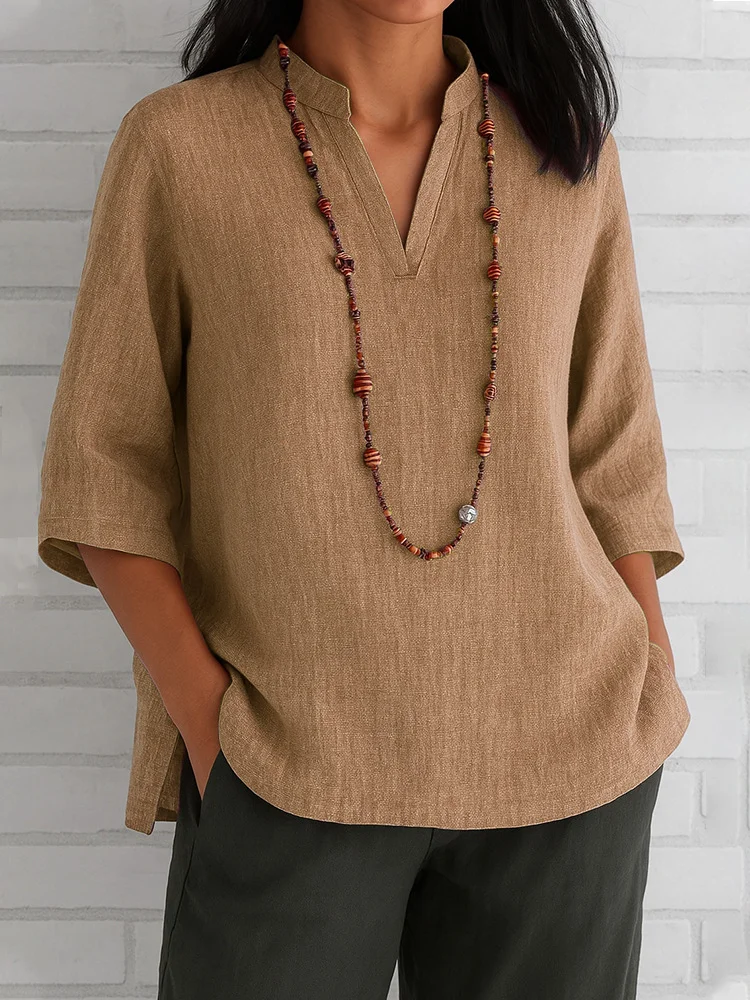 V-Ausschnitt Halbarm Unifarben Pullover Leicht Weit Bluse für Damen
