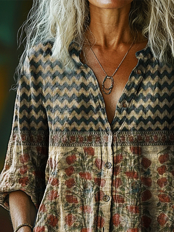 Stehkragen Halbarm Gestreift Regelmäßig Weit Bluse für Damen