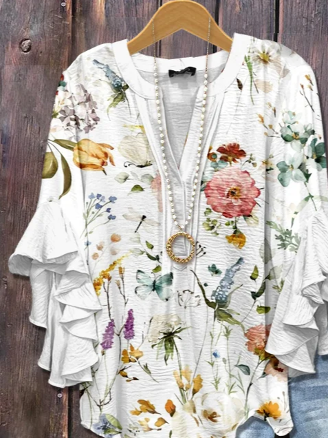 V-Ausschnitt Halbarm Geblümt Print Regelmäßig Weit Bluse für Damen