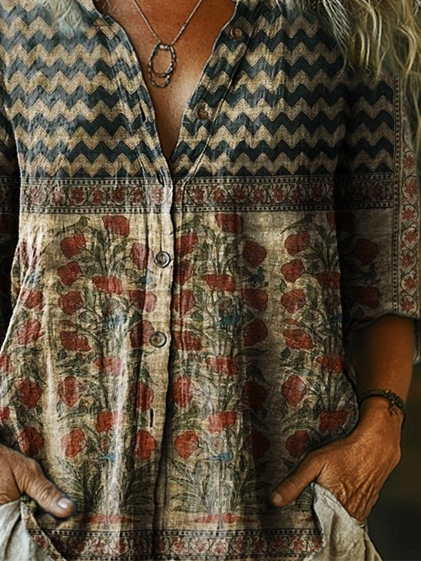 Stehkragen Halbarm Gestreift Regelmäßig Weit Bluse für Damen