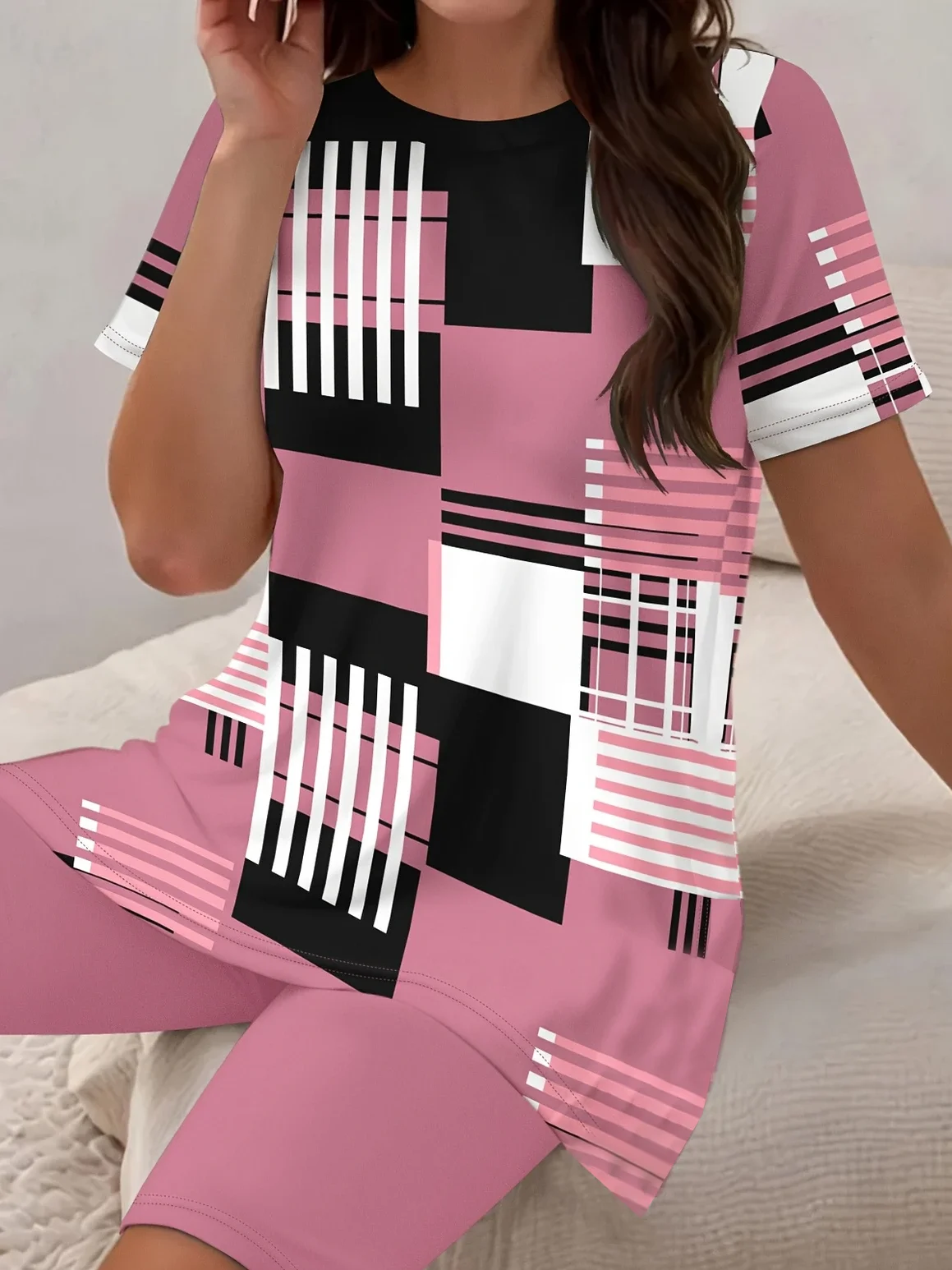 Damen abstrakte Streifen Print Zweiteiliges Set Täglich Kurzarm Lässig Sommer Bluse mit Hose Matching Set