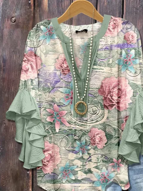 V-Ausschnitt Halbarm Geblümt Print Regelmäßig Weit Bluse für Damen