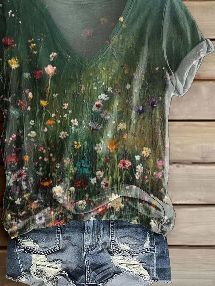 Lässig Geblümt V-Ausschnitt Kurzarm T-Shirt