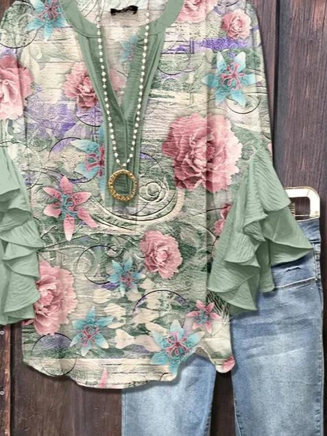 V-Ausschnitt Halbarm Geblümt Print Regelmäßig Weit Bluse für Damen