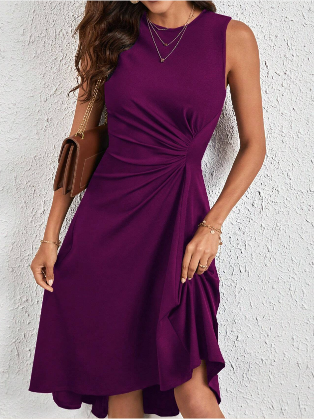 Damen Unifarben Sommer Nahtverarbeitung Kleid Rundhals Ärmellos Tanktop A-Linien-Kleid