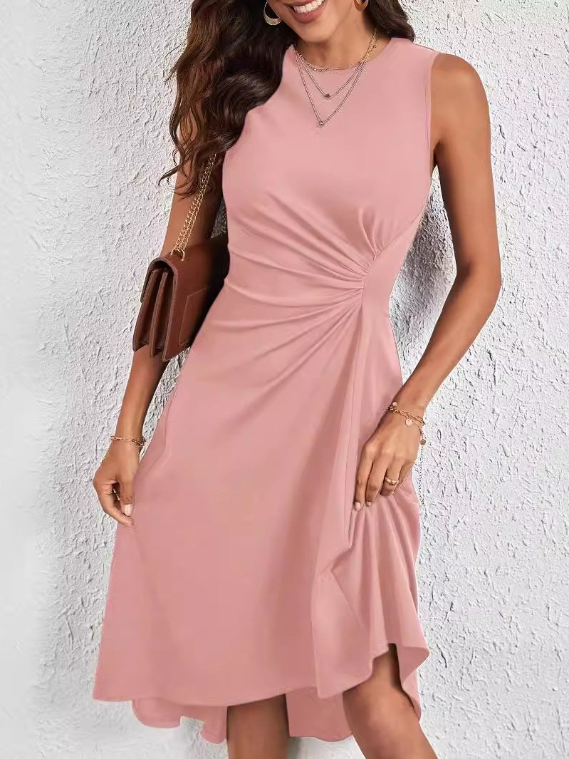 Damen Unifarben Sommer Nahtverarbeitung Kleid Rundhals Ärmellos Tanktop A-Linien-Kleid