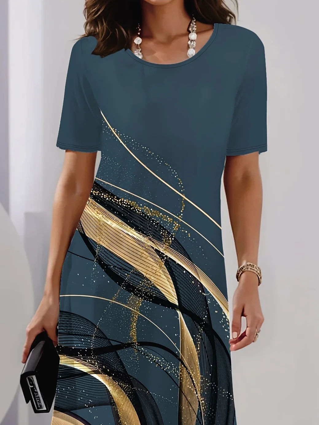 Damen Abstrakt Sommer Print Kleid Rundhals Kurzarm Tunika H-Linie Kleid