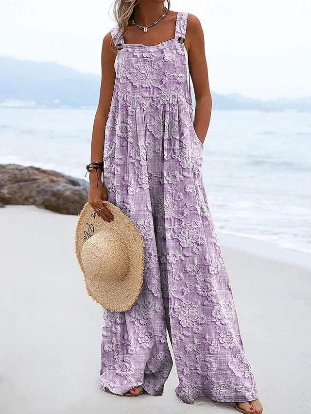 Damen Geblümt Spaghettiträger Ärmellos Lässig Sommer Baumwolle Jumpsuit