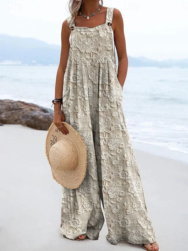 Damen Geblümt Spaghettiträger Ärmellos Lässig Sommer Baumwolle Jumpsuit