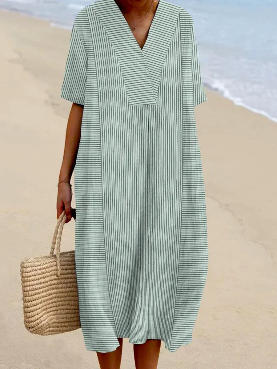 Damen Gestreift Sommer Kleid Rundhals Kurzarm A-Linien-Kleid