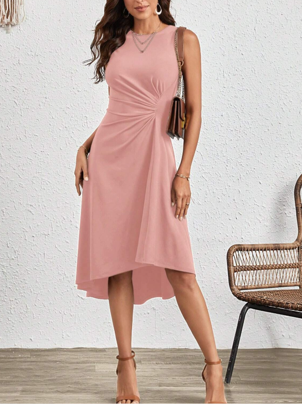 Damen Unifarben Sommer Nahtverarbeitung Kleid Rundhals Ärmellos Tanktop A-Linien-Kleid