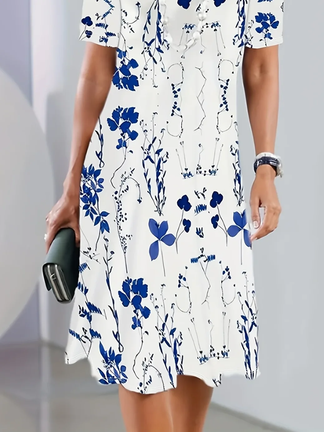 Damen Geblümt Sommer Print Kleid Rundhals Kurzarm Tunika H-Linie Kleid