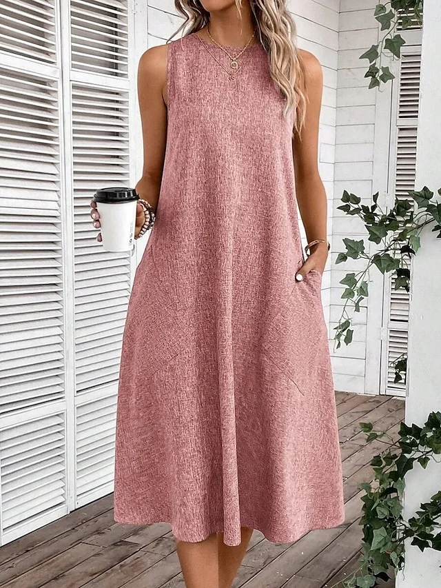 Damen Unifarben Sommer Kleid Rundhals Ärmellos A-Linien-Kleid