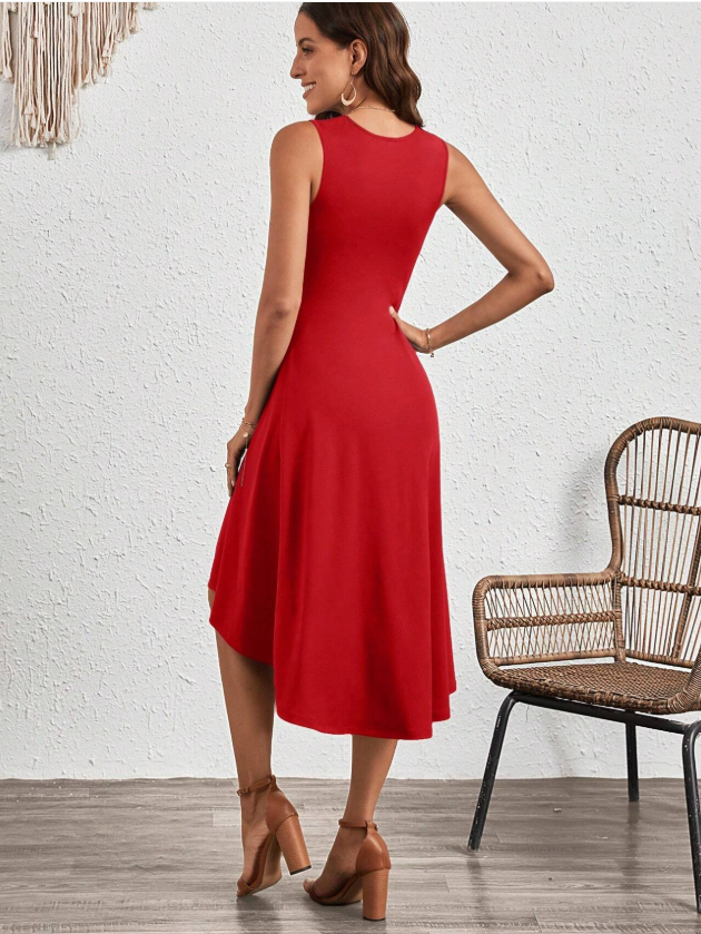 Damen Unifarben Sommer Nahtverarbeitung Kleid Rundhals Ärmellos Tanktop A-Linien-Kleid