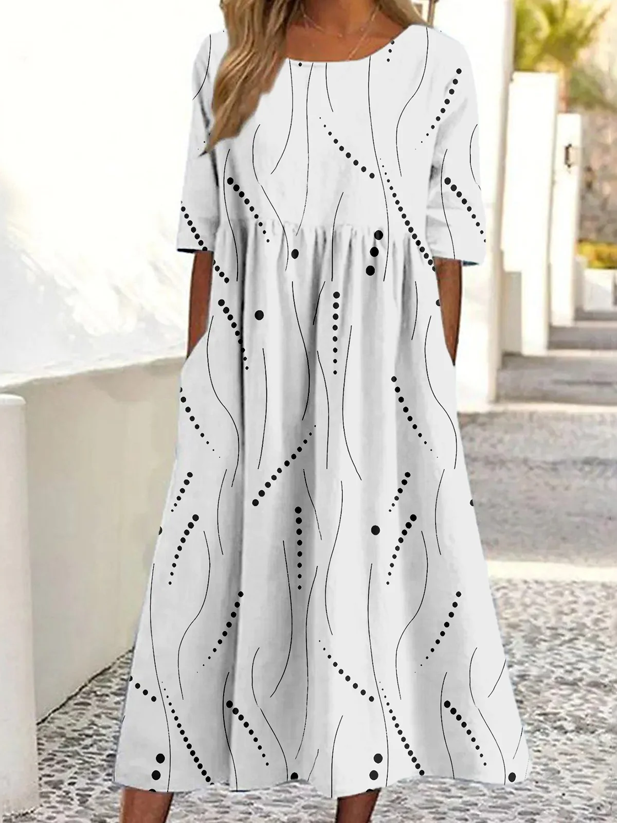 Damen Abstrakte Tupfen Sommer Kleid Rundhals Halbarm A-Linien-Kleid
