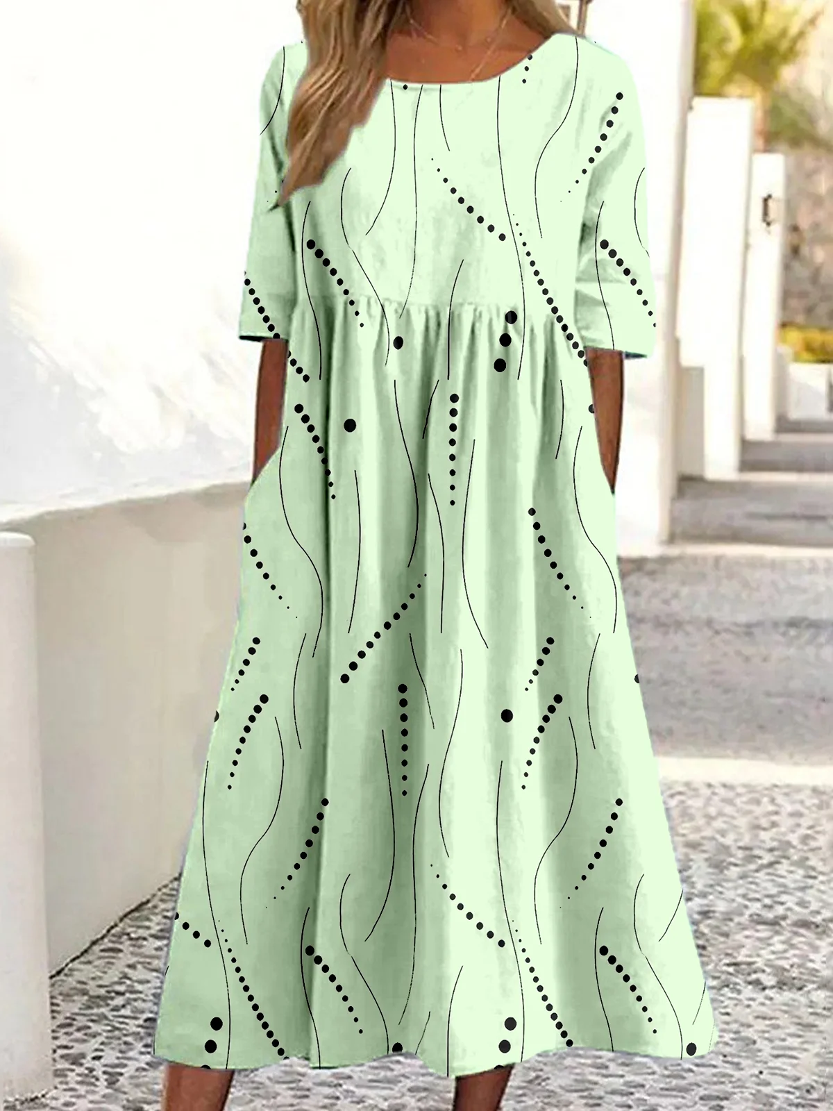 Damen Abstrakte Tupfen Sommer Kleid Rundhals Halbarm A-Linien-Kleid