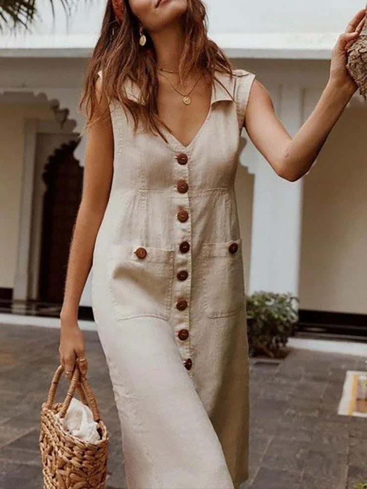 Damen Unifarben Sommer Nahtverarbeitung Kleid Stehkragen Ärmellos Tanktop A-Linien-Kleid