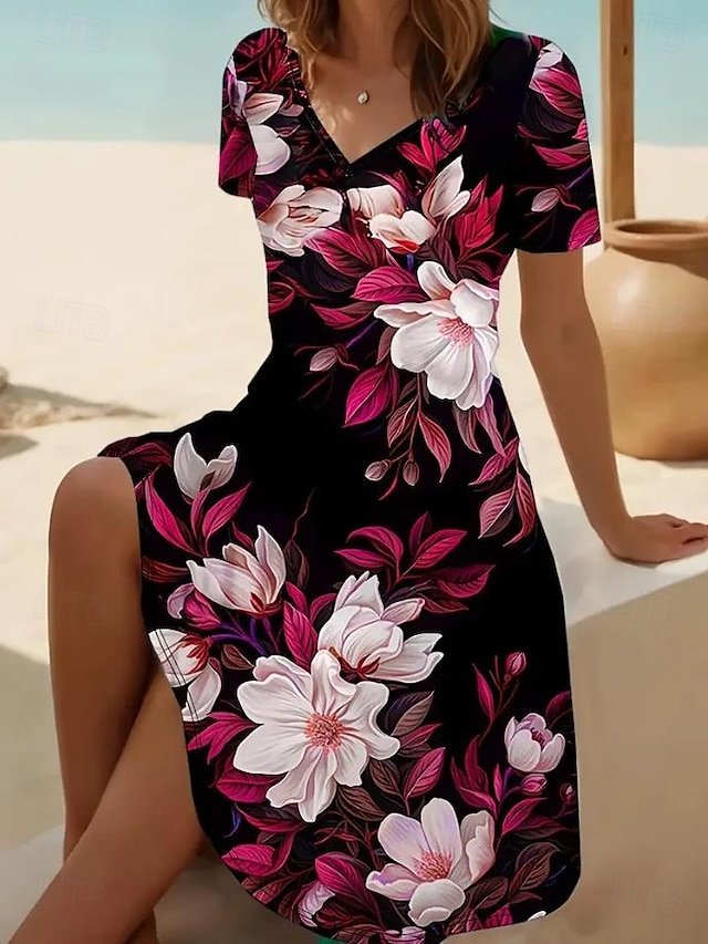 Damen Geblümt Sommer Print Kleid V-Ausschnitt Kurzarm Passen & Flare Kleid A-Linien-Kleid