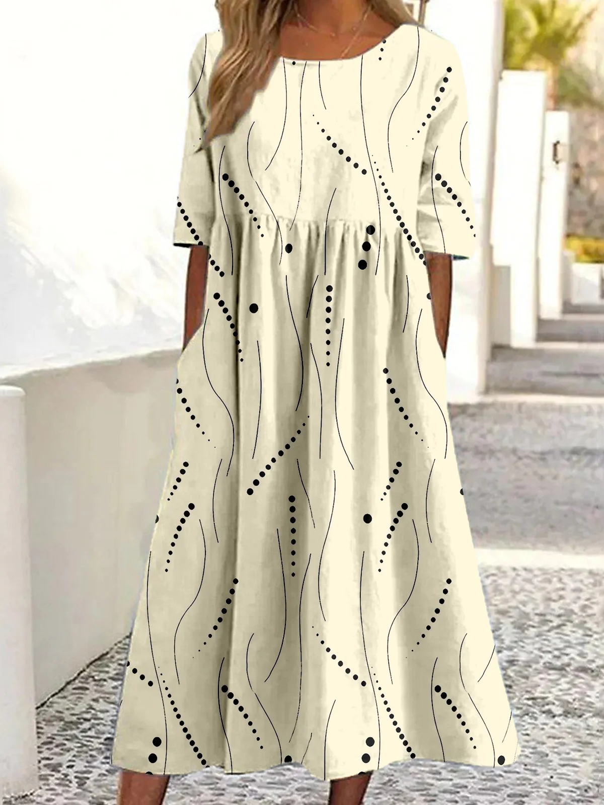 Damen Abstrakte Tupfen Sommer Kleid Rundhals Halbarm A-Linien-Kleid