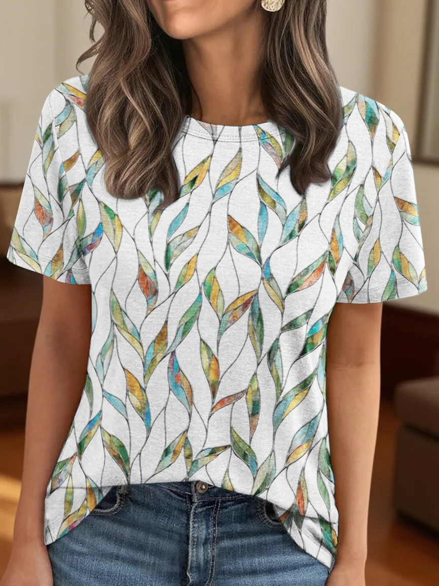 Retro Geblümt Rundhals Kurzarm T-Shirt