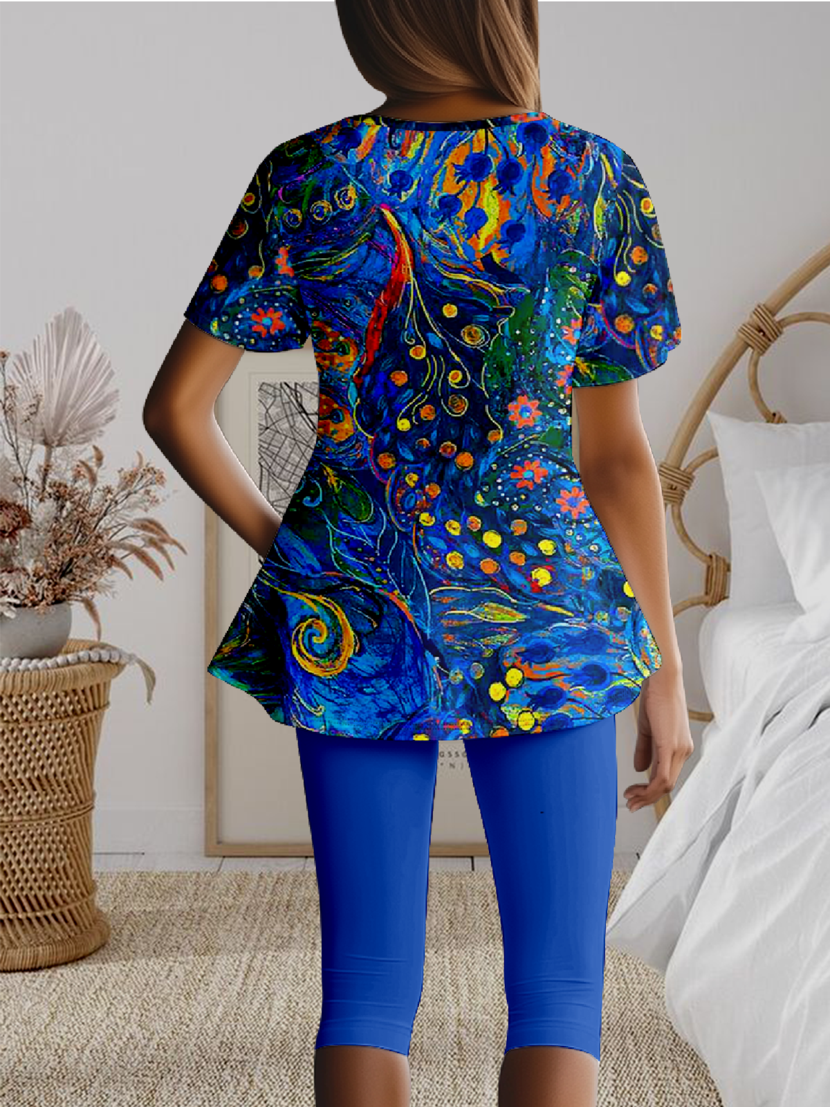 Damen Geblümt Zweiteiliges Set Täglich Kurzarm Lässig Sommer Bluse mit Hose Matching Set
