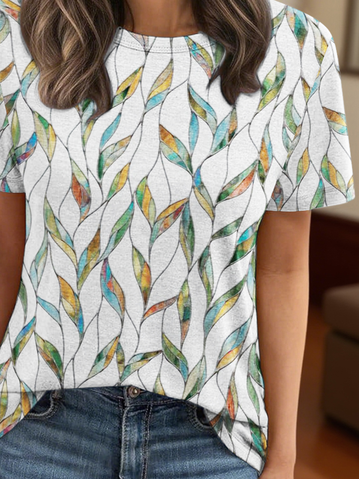 Retro Geblümt Rundhals Kurzarm T-Shirt