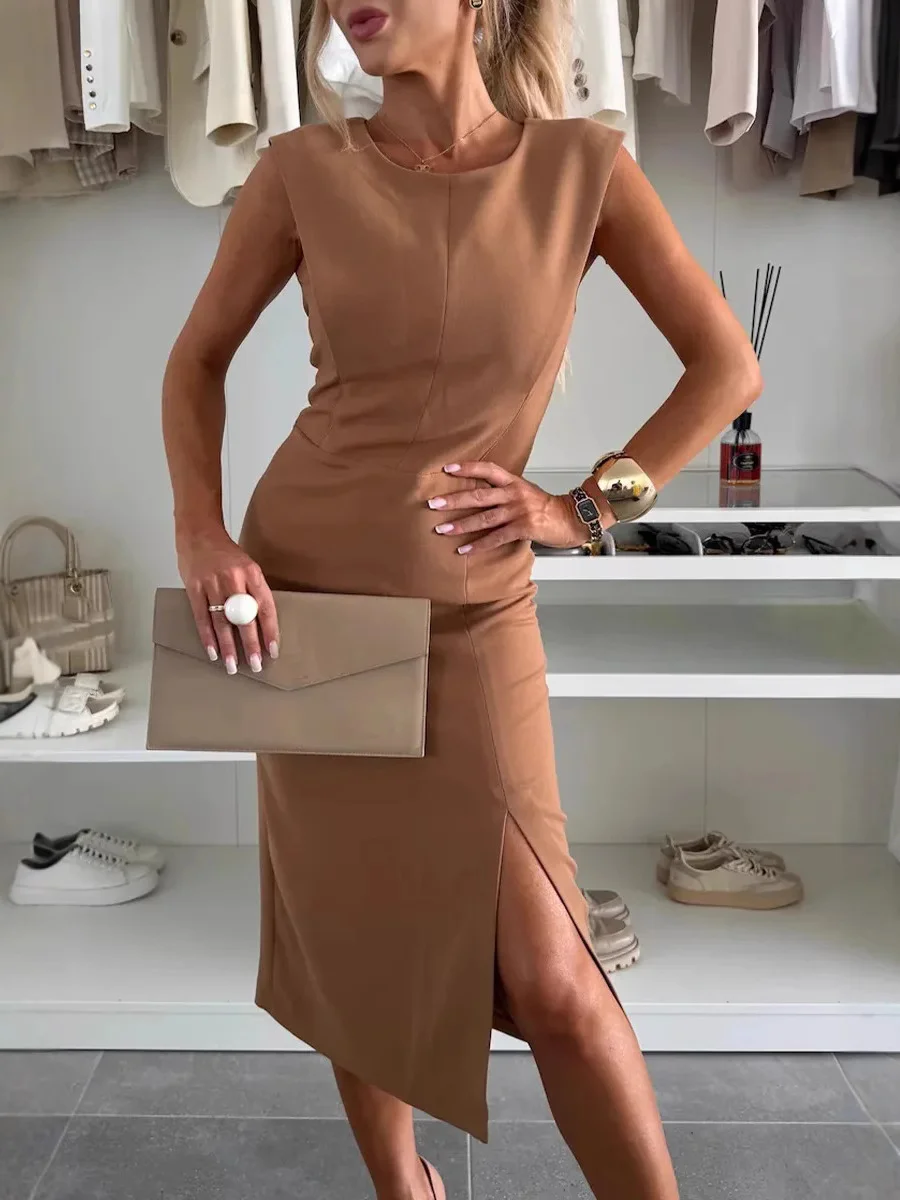 Damen Unifarben Sommer Nahtverarbeitung Kleid Rundhals Kurzarm Tanktop A-Linien-Kleid