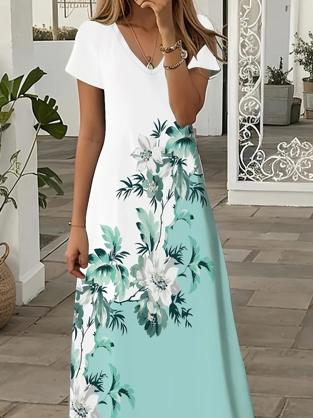 Damen Geblümt Sommer Print Kleid V-Ausschnitt Kurzarm X-Linie Kleid
