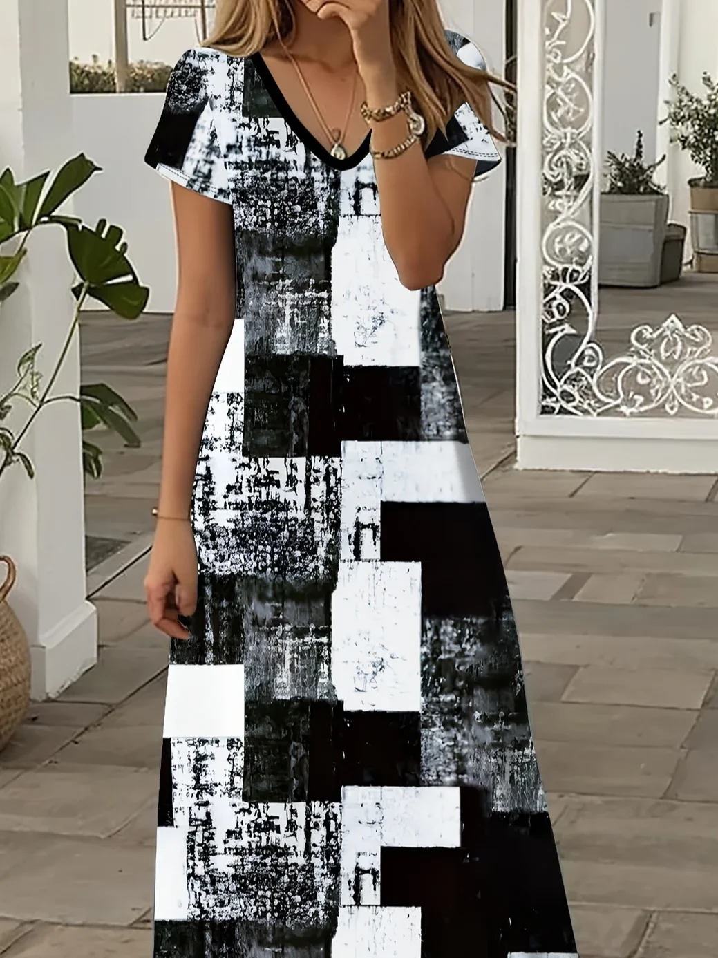 Damen Abstrakt Kariert Sommer Print Kleid V-Ausschnitt Kurzarm X-Linie Kleid