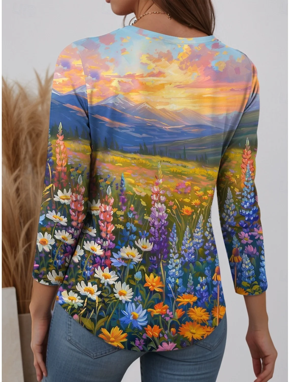Lässig Geblümt Rundhals Langarm T-Shirt