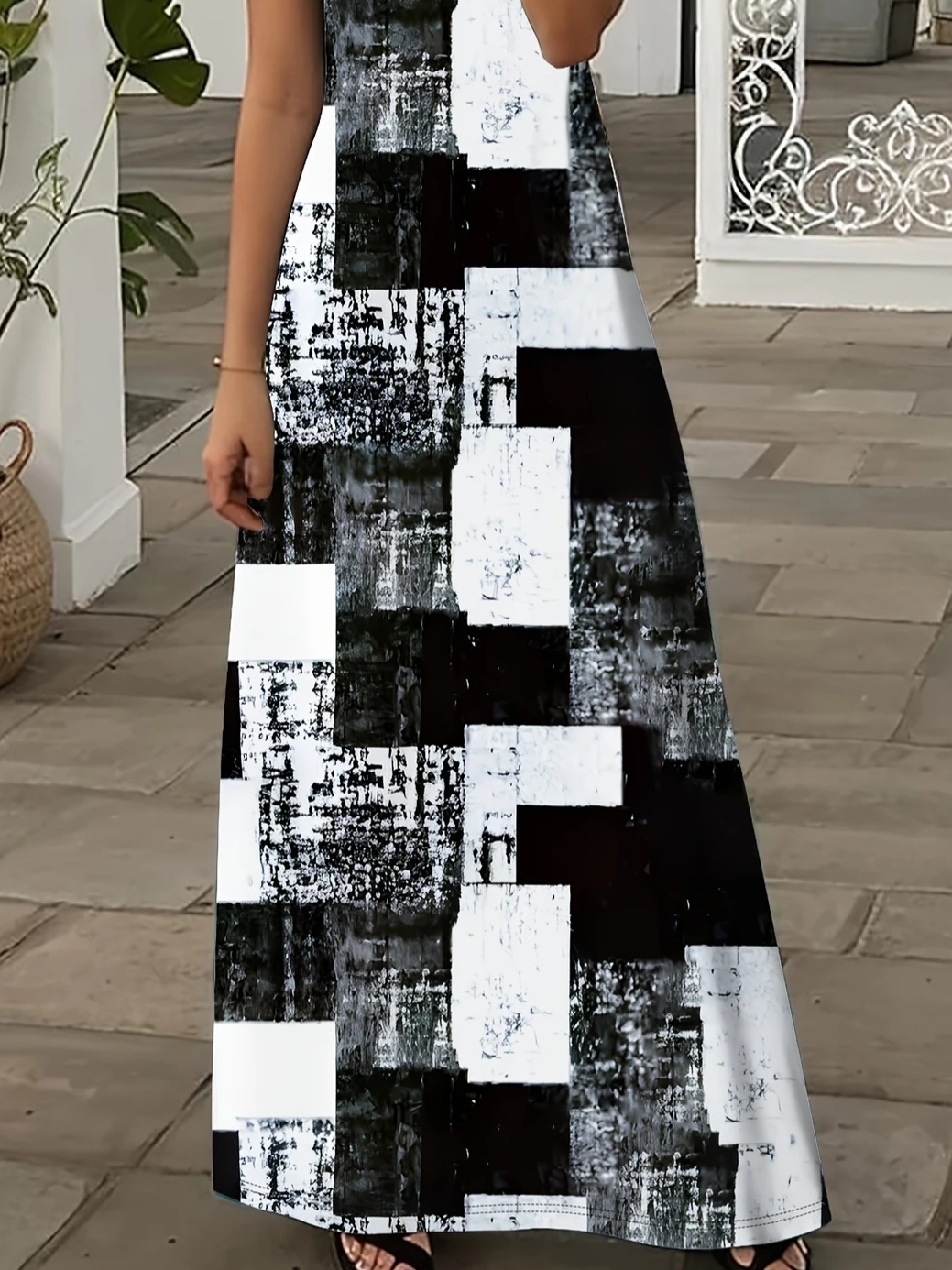 Damen Abstrakt Kariert Sommer Print Kleid V-Ausschnitt Kurzarm X-Linie Kleid