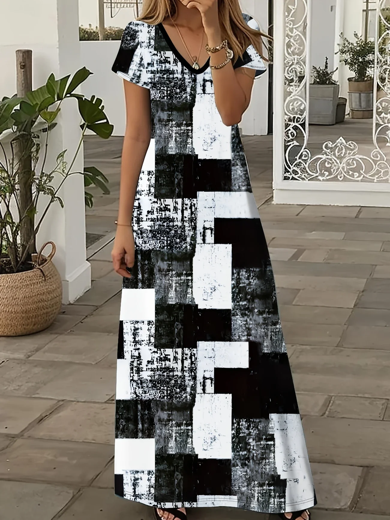 Damen Abstrakt Kariert Sommer Print Kleid V-Ausschnitt Kurzarm X-Linie Kleid