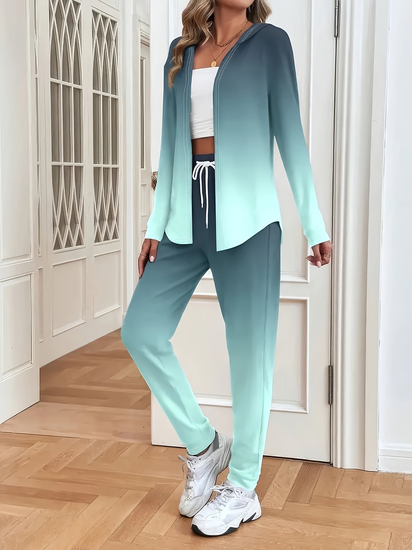 Damen Farbverlauf Zweiteiliges Set Täglich Langarm Lässig Frühling/Herbst Mantel mit Hosen Matching Set